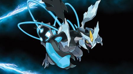Black Kyrum leaps against a black, lightning background, from Pokemon Black and White 2