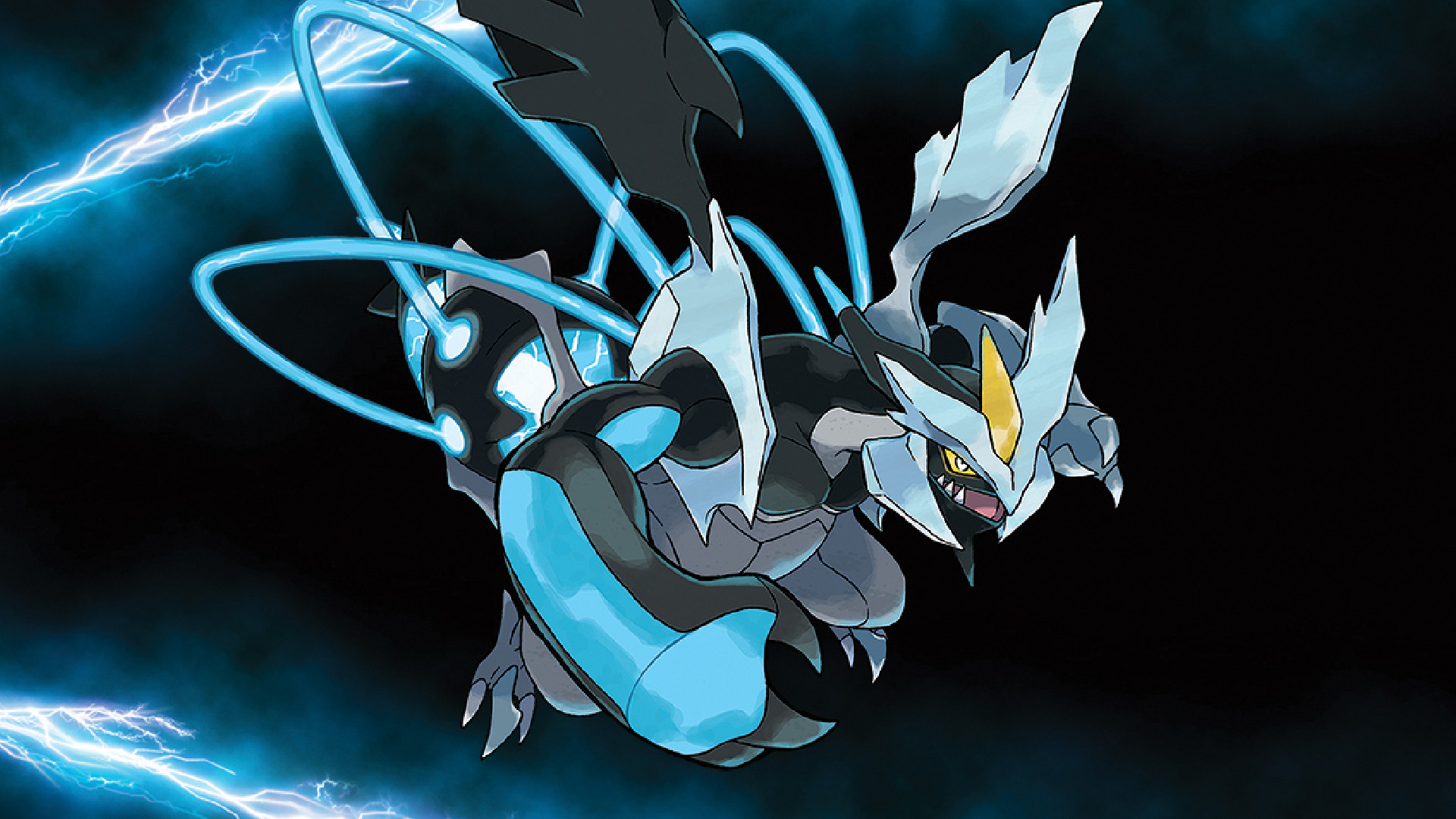 Black Kyrum leaps against a black, lightning background, from Pokemon Black and White 2