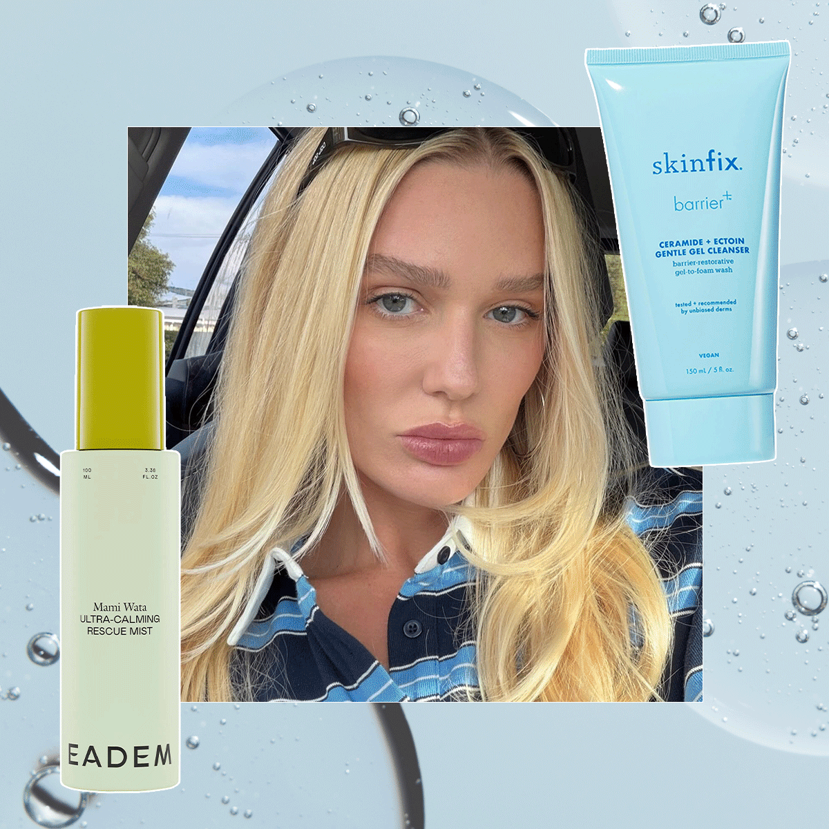 A GIF of three women with glowing skin against a blue backdrop of a skin serum with skincare products on either side