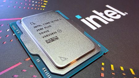 A photograph of Intel's Core Ultra 5 250K Plus processor, placed on an Intel-branded display box