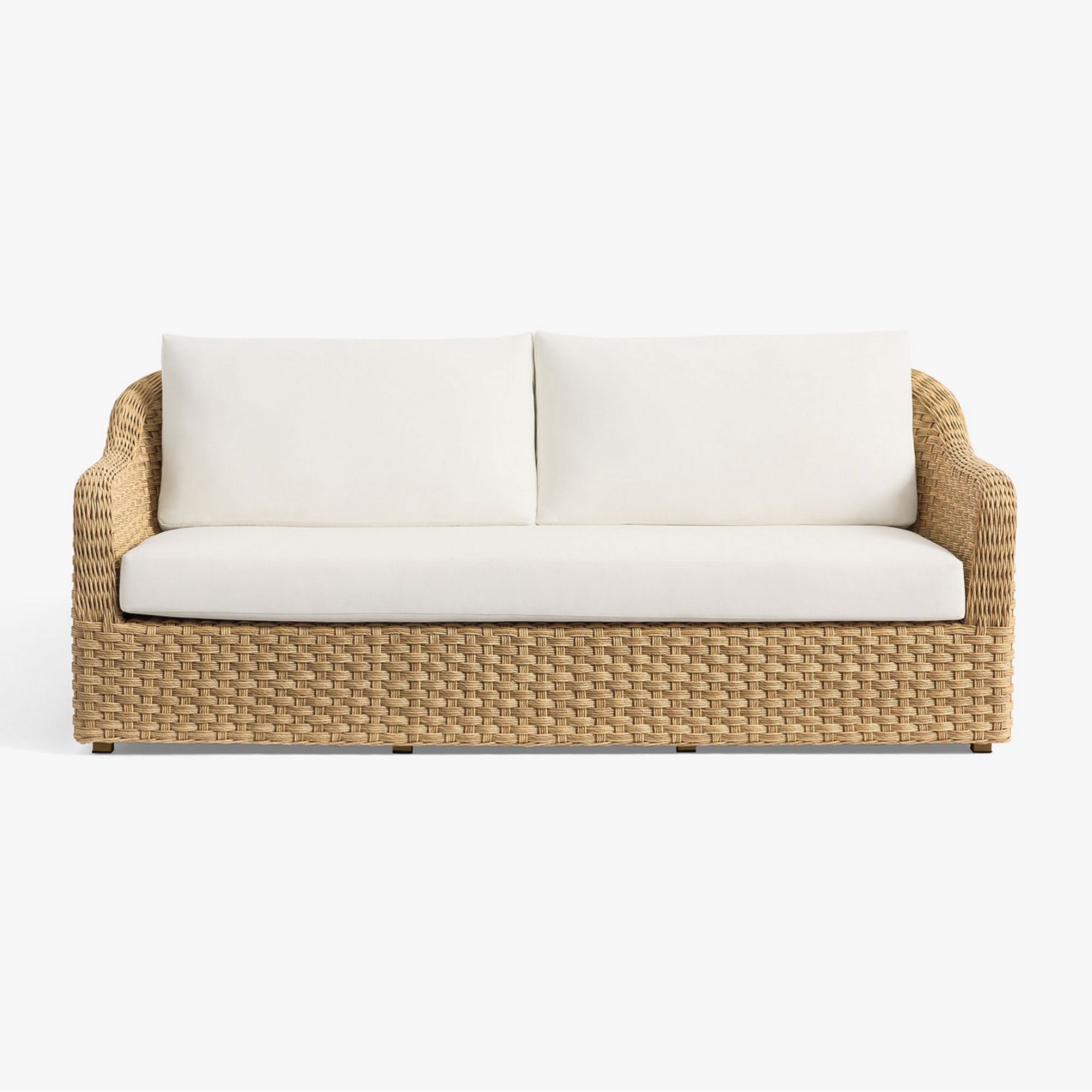 Rattan two-seater outdoor sofa with white cushions