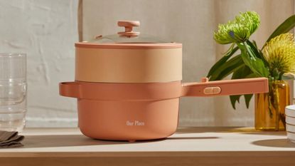 Our Place Perfect Power Pot in terracotta on counter with flowers