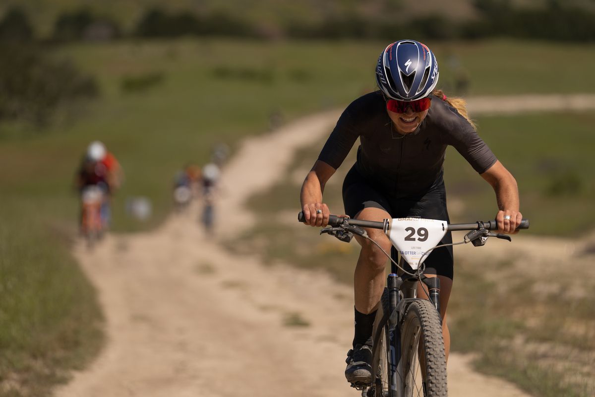 Moriah Wilson rides at the front of the women&#039;s open field in Monterey, California