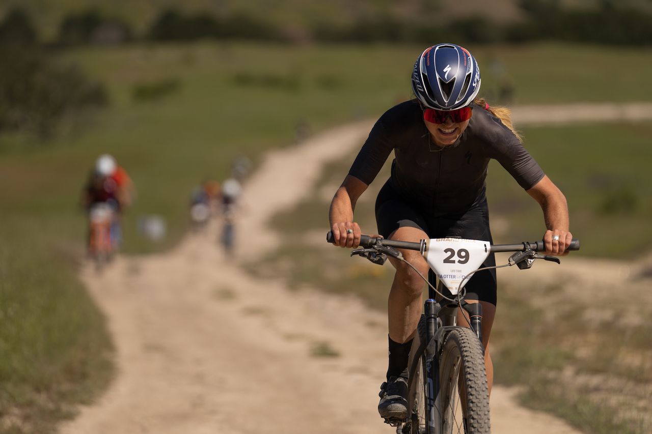Moriah Wilson rides at the front of the women's open field in Monterey, California