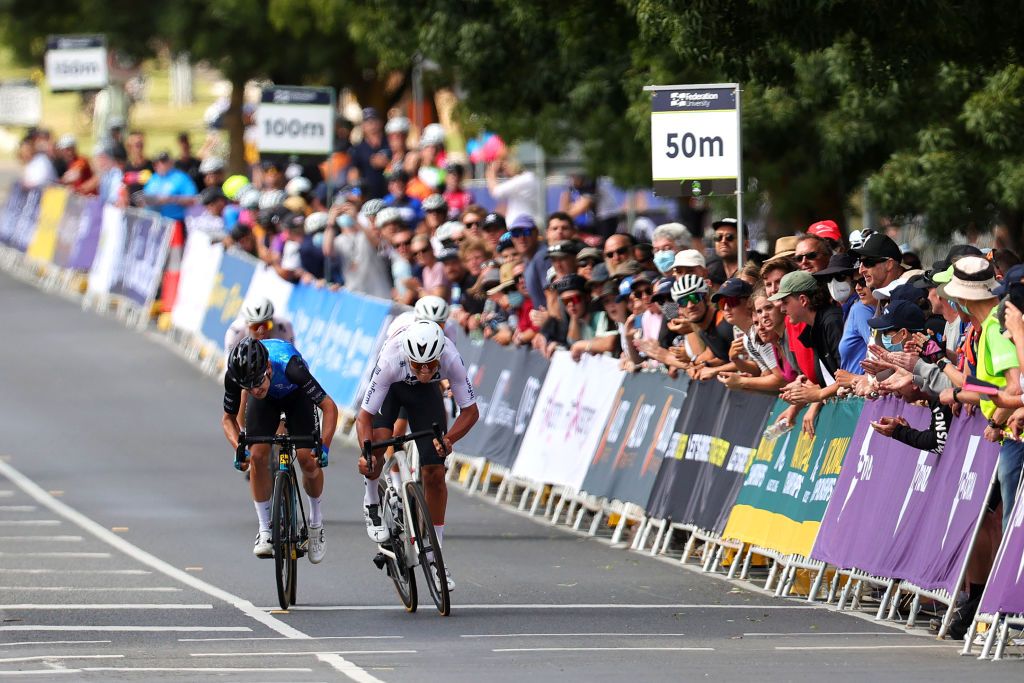 BALLARAT AUSTRALIA JANUARY 15 LR Mathew Dinham of Australia and Blake Quick of Australia sprint at finish line during the Australian Cycling National Championships 2022 Mens U23 Road Race a 1392km race from Ballarat to Ballarat AusCyclingAus on January 15 2022 in Ballarat Australia Photo by Con ChronisGetty Images