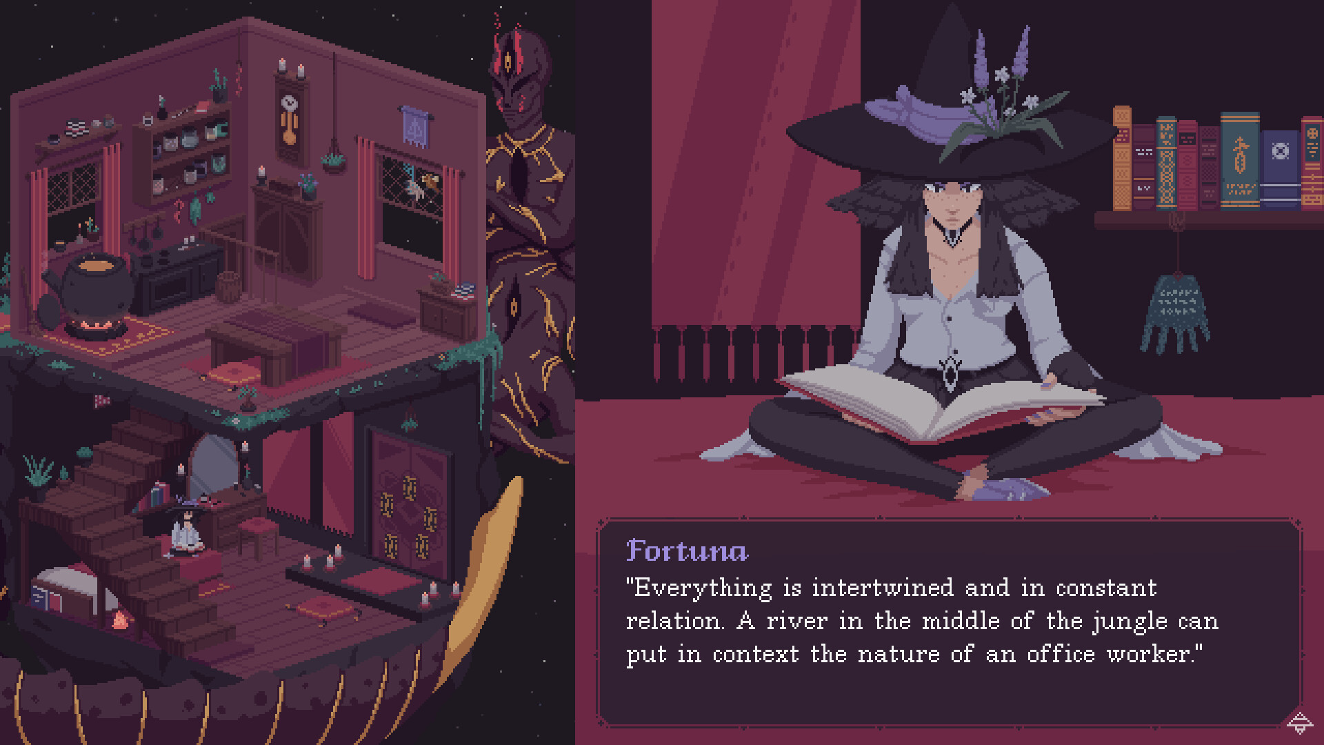 A witch wearing a large black hat called Fortuna sits cross-legged on the floor with a large book in her lap. Text of her talking to the player is on the right-hand screen, reading 