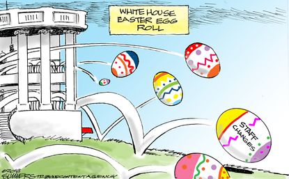 Political cartoon U.S. White House chaos revolving door Easter egg roll
