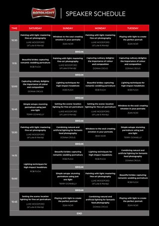 The full timetable of presentations at the Rotolight stand, C101, at The Photography Show