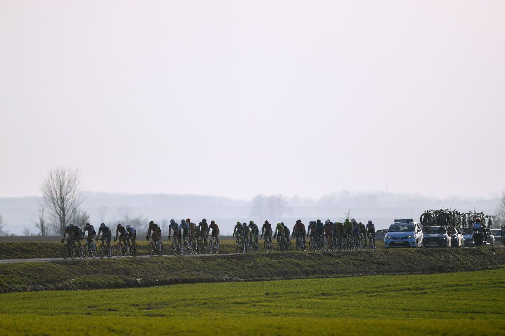 DOUR BELGIUM MARCH 02 The Peloton during the 53rd Grand Prix Le Samyn 2021 Mens Elite a 2054km race from Quaregnon to Dour Landscape GPSamyn on March 02 2021 in Dour Belgium Photo by Luc ClaessenGetty Images