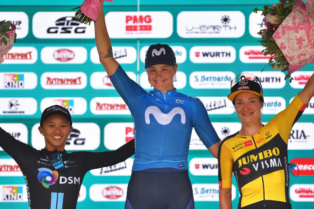 COLICO ITALY JULY 07 Coryn Rivera of United States and Team DSM 2nd place Emma Norsgaard Jorgensen of Denmark and Movistar Team stage winner Marianne Vos of Netherlands and Jumbo Visma Team 3rd place celebrates at podium during the 32nd Giro dItalia Internazionale Femminile 2021 Stage 6 a 155km stage from Colico to Colico GiroDonne UCIWWT on July 07 2021 in Colico Italy Photo by Luc ClaessenGetty Images