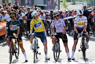 The jerseys at the start of the second stage of the Tour de France Femmes 2024