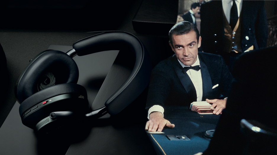 Bowers &amp; Wilkins PX8 007 Edition headphones and classic scene from James Bond&#039;s Dr. No 