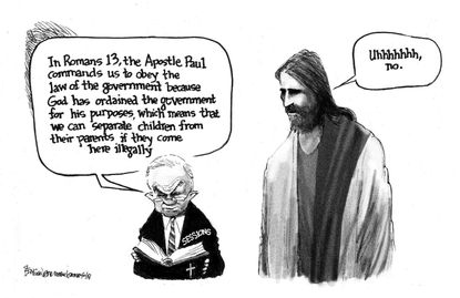 Political cartoon U.S. Jeff Sessions Jesus religion bible immigration family separation children