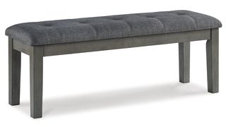 Padded grey & wood-tone dining bench.