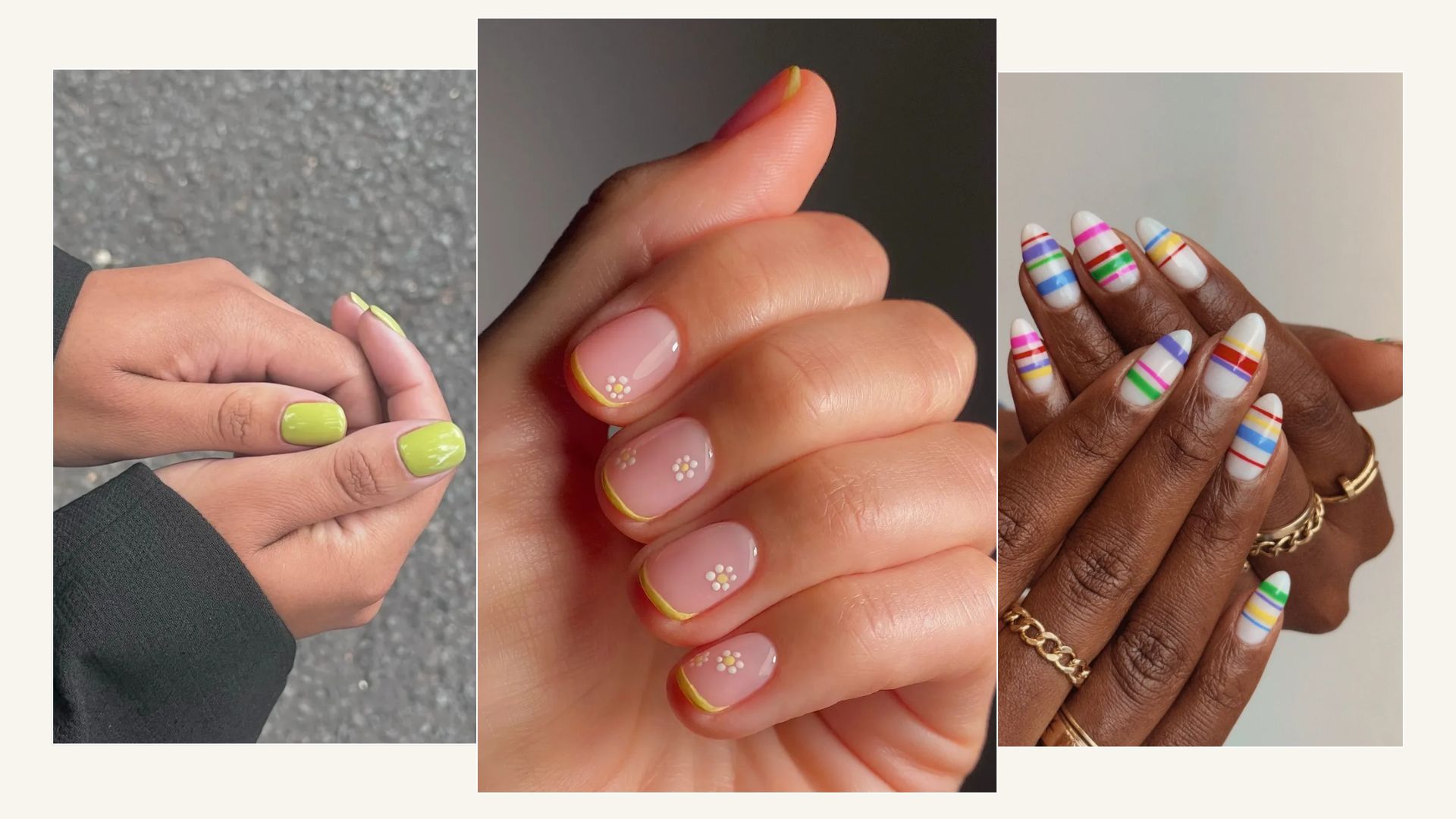 A collage of easter nail designs, including pistachio green nails, yellow floral nails and colourful striped nail art