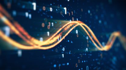 Network traffic concept image showing orange-colored flowing data line imposed over a digital interface with binary code.