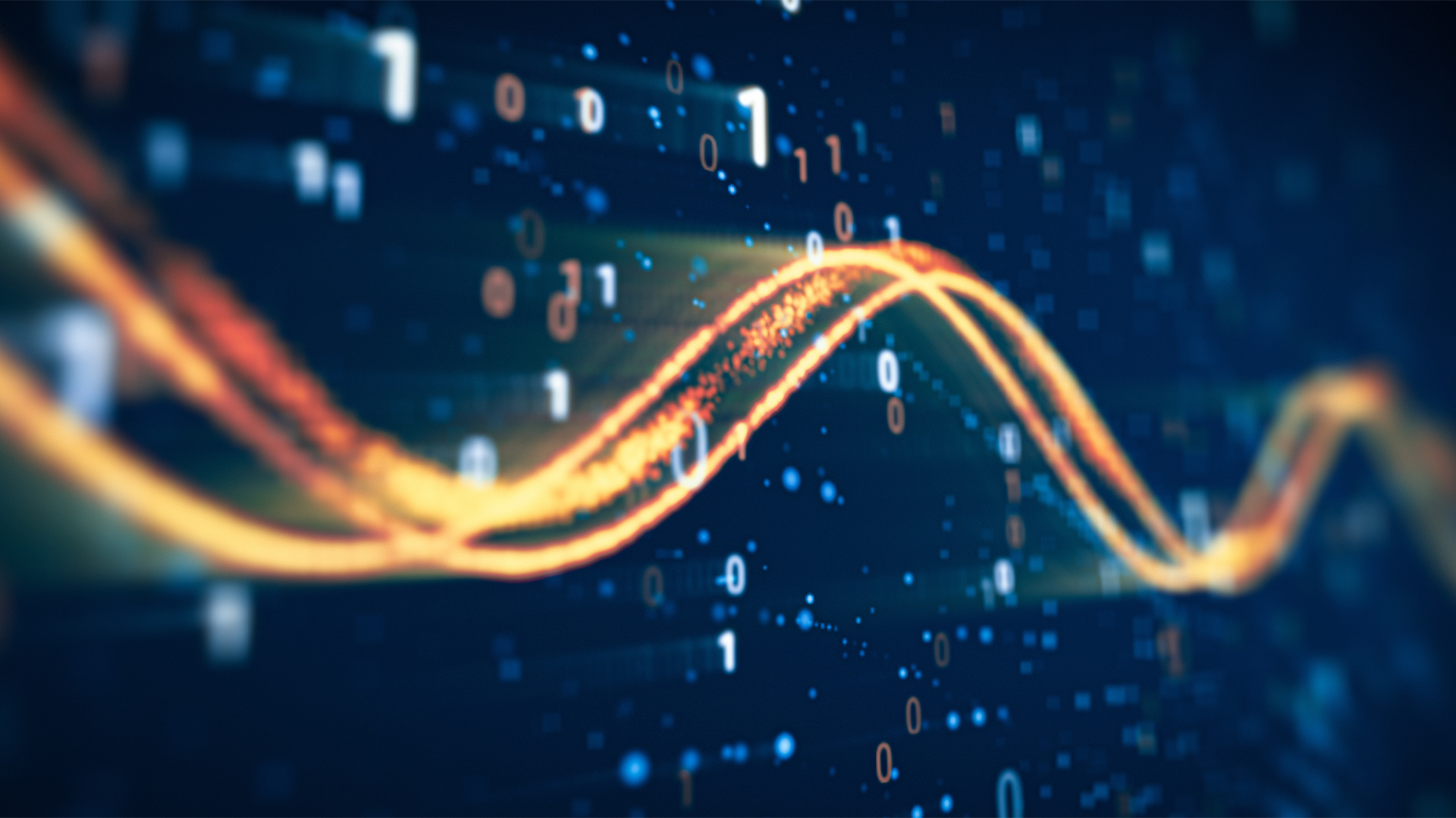 Network traffic concept image showing orange-colored flowing data line imposed over a digital interface with binary code.