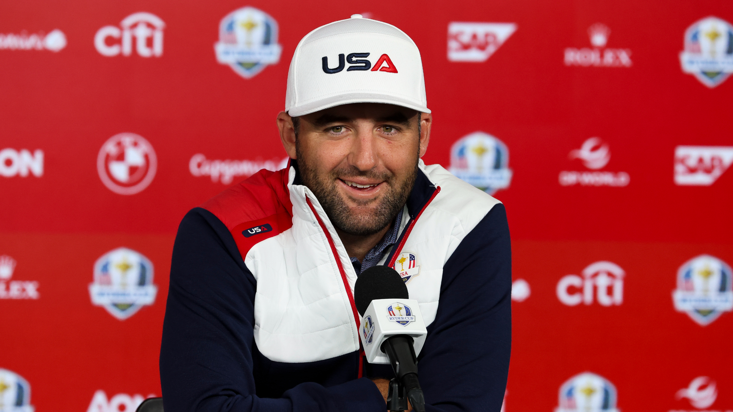 Scottie Scheffler talks to the media at Bethpage Black