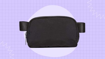 A black belt bag pictured in the centre of a purple template 