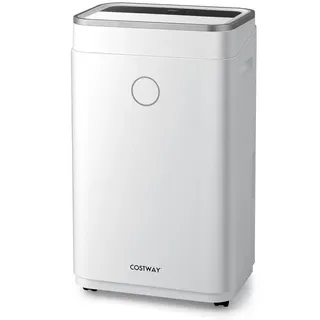 A large white plastic dehumidifier with a circle on the front. 