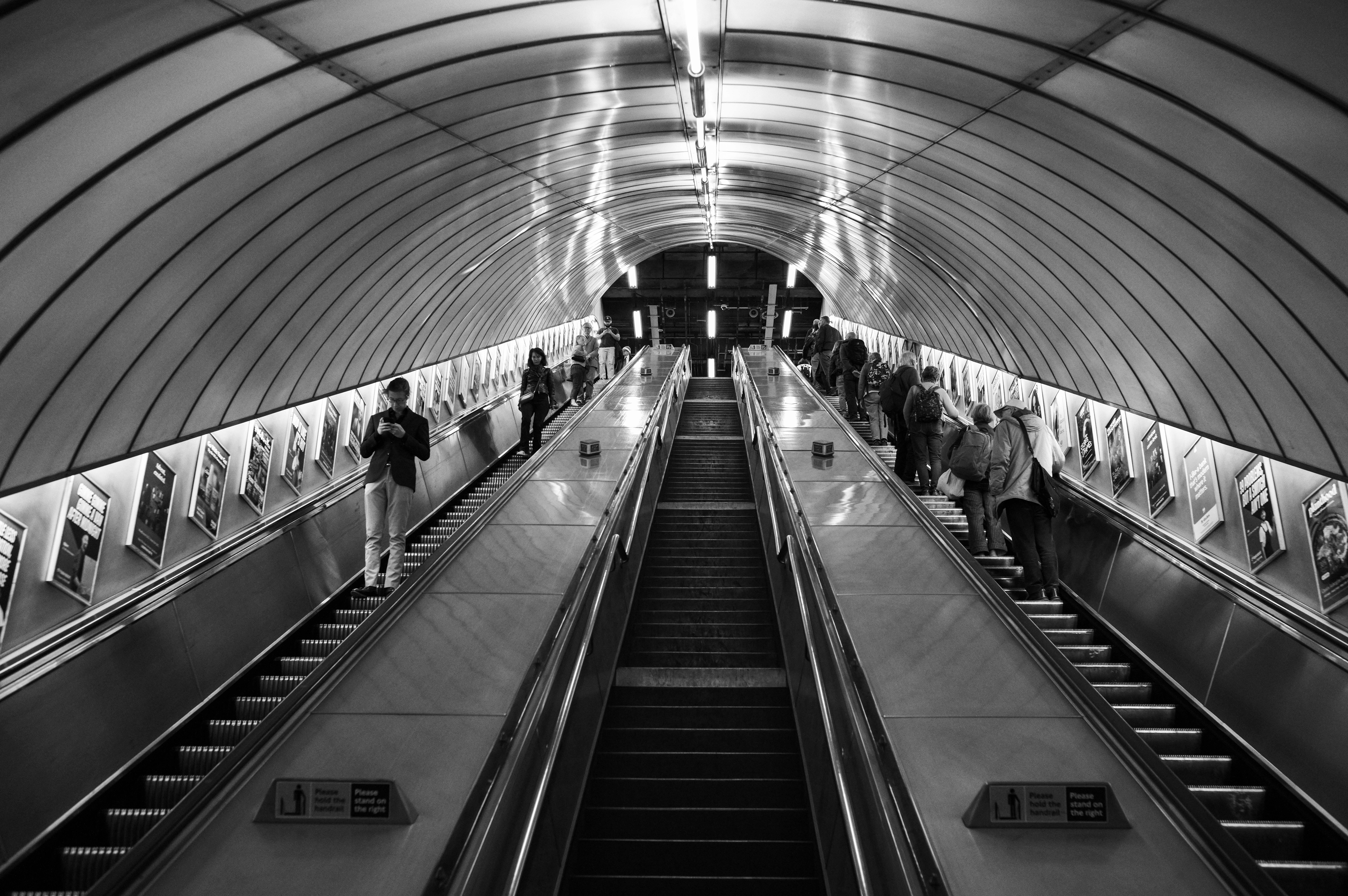 Escalators leading up to ground level on the London Underground
