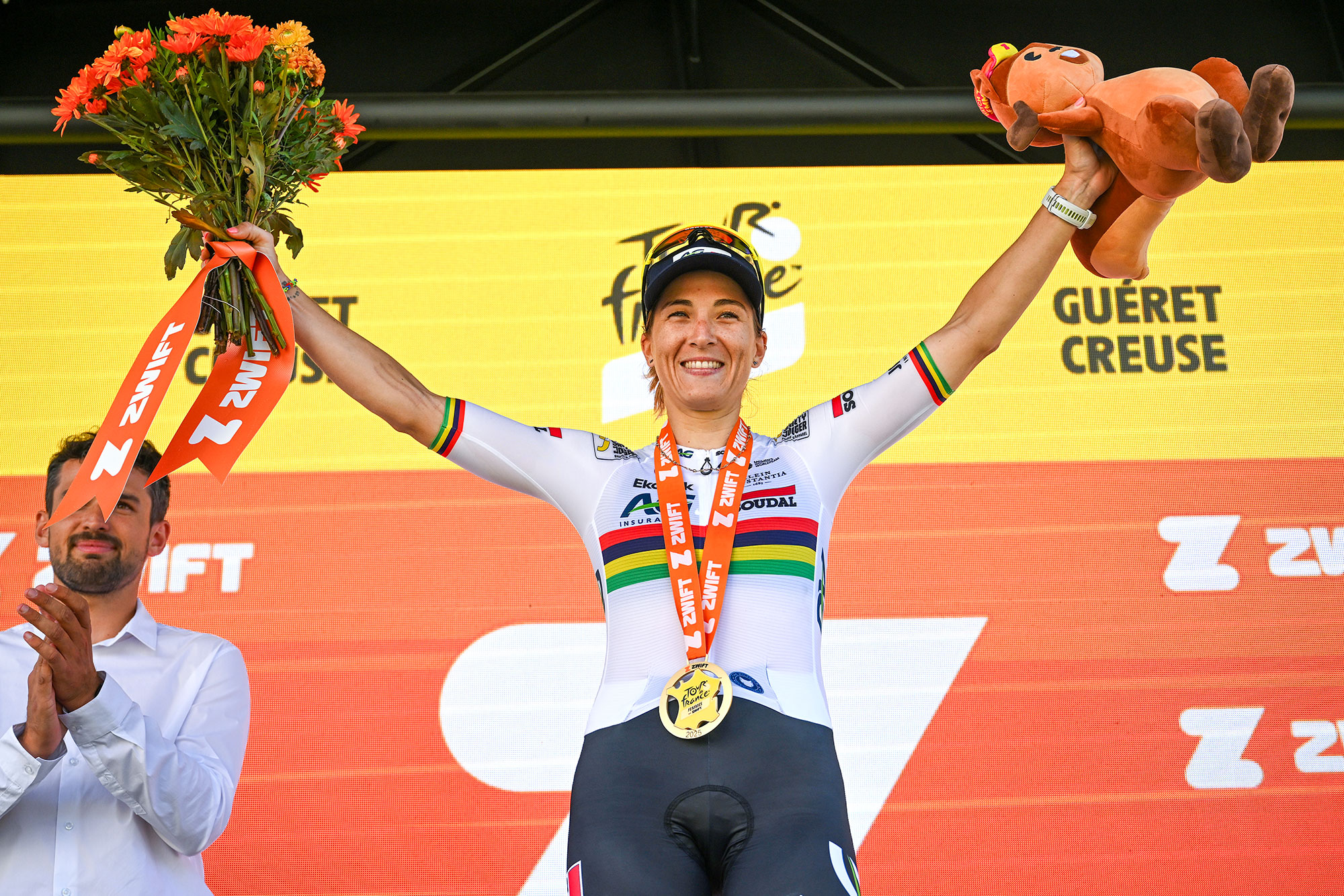 GUERET, FRANCE - JULY 30: Kimberley Le Court Pienaar of Mauritius and Team AG Insurance - Soudal celebrates at podium as stage winner during the 4th Tour de France Femmes 2025, Stage 5 a 165.8km stage from Chasseneuil-du-Poitou (Futuroscope) to Gueret / #UCIWWT / on July 30, 2025 in Gueret, France. (Photo by Szymon Gruchalski/Getty Images)