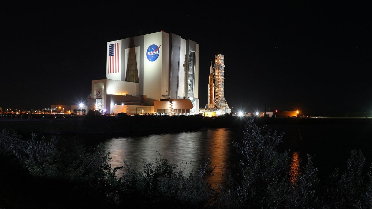 The Artemis-1 rocket is rolled out from the Vehicle Assembly Building en route to Launch Pad 39B shortly after midnight at the Kennedy Space Center in Florida on November 4, 2022.