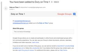 screenshot of email from Google Groups to user