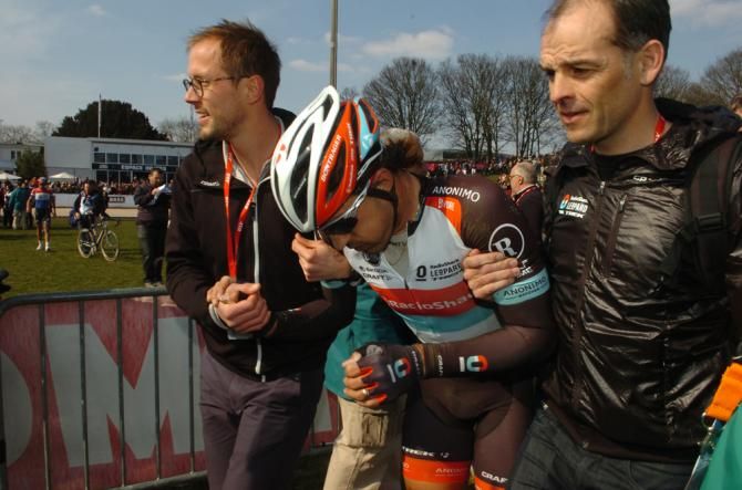 Fabian Cancellara (RadioShack) couldn't stand up after crossing the line