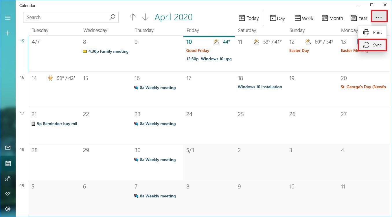 Windows 10 Calendar Sync Option