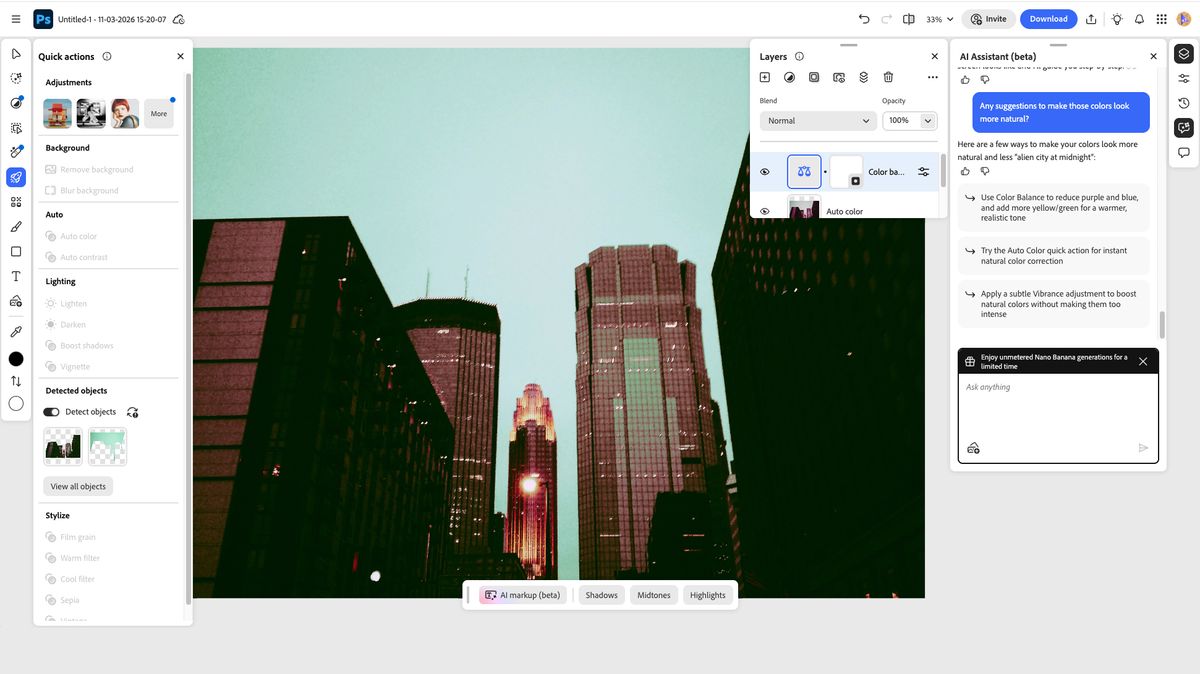 A screenshot of the AI Assistant on Photoshop Web