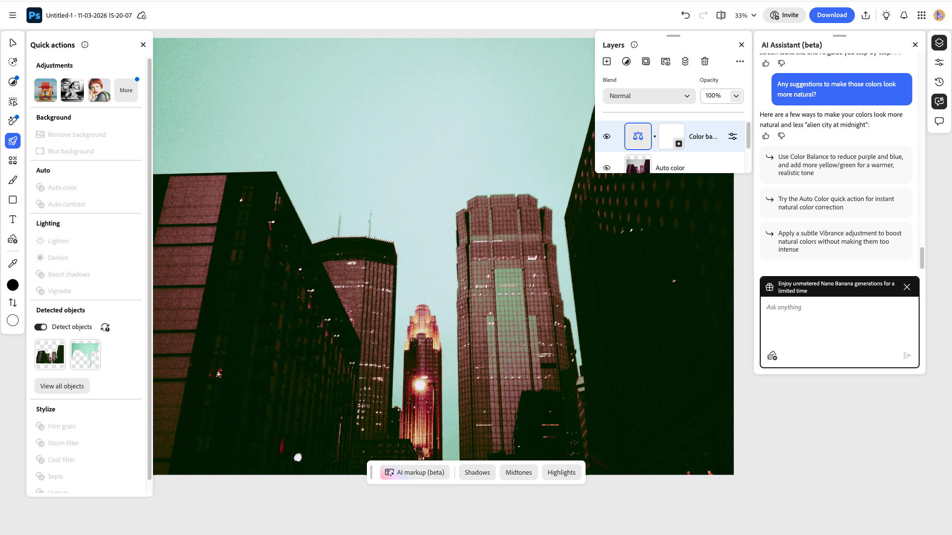 A screenshot of the AI Assistant on Photoshop Web