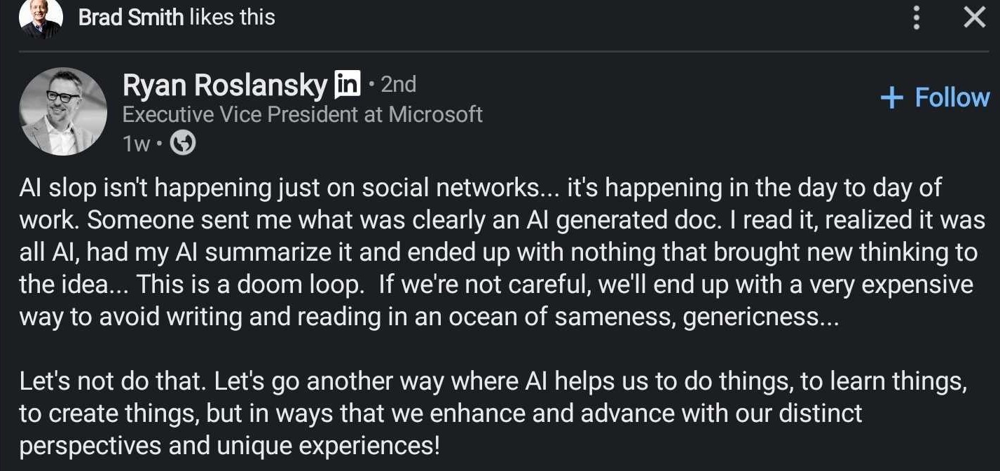 Microsoft EVP Ryan Roslansky on "AI slop."