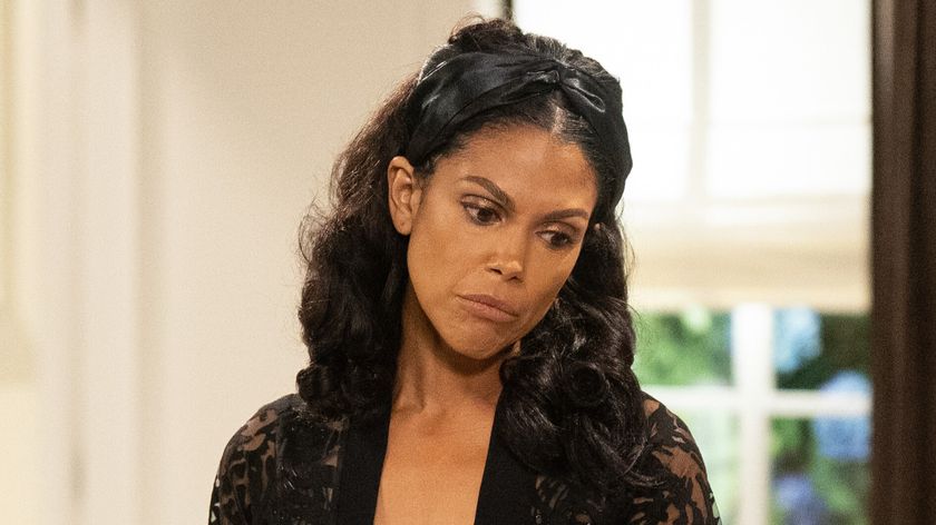 Karla Mosley as Danielle Dupree Hamilton upset in black in Beyond the Gates