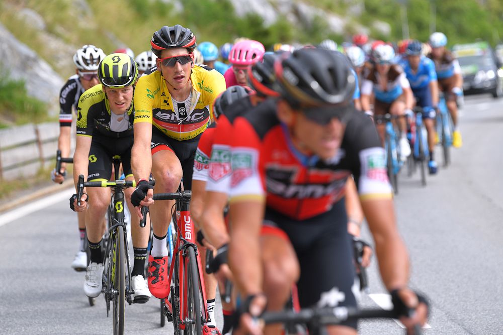 Stefan Kung in yellow during stage 5 at Tour de Suisse