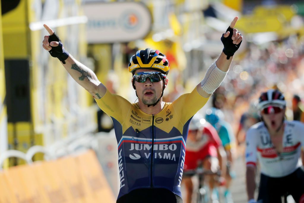 ORCIERES FRANCE SEPTEMBER 01 Arrival Primoz Roglic of Slovenia and Team Jumbo Visma Celebration during the 107th Tour de France 2020 Stage 4 a 1605km stage from Sisteron to OrcieresMerlette 1825m TDF2020 LeTour on September 01 2020 in Orcieres France Photo by Stephane Mahe PoolGetty Images