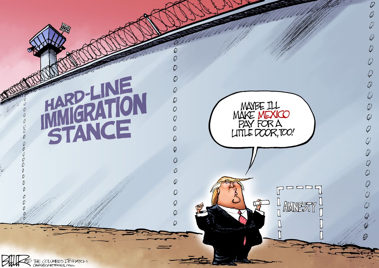 Political cartoon U.S. 2016 election Donald Trump immigration