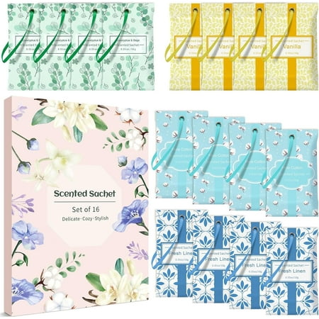 Scentorini Scented Sachets for Drawers and Closets, 4 Long-Lasting Home Fragrance Scents Bags Linen Vanilla Cotton Eucalyptus & Sage, 16 Packs