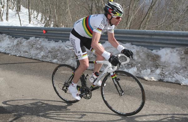 Cadel Evans (BMC) on the attack at the finish of stage 5 of Tirreno-Adriatico.