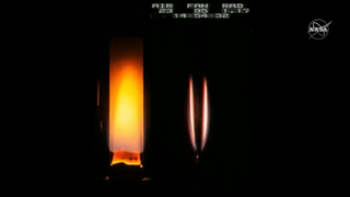 An image of cotton burning from different perspectives on the confined combustion experiment on the International Space Station.