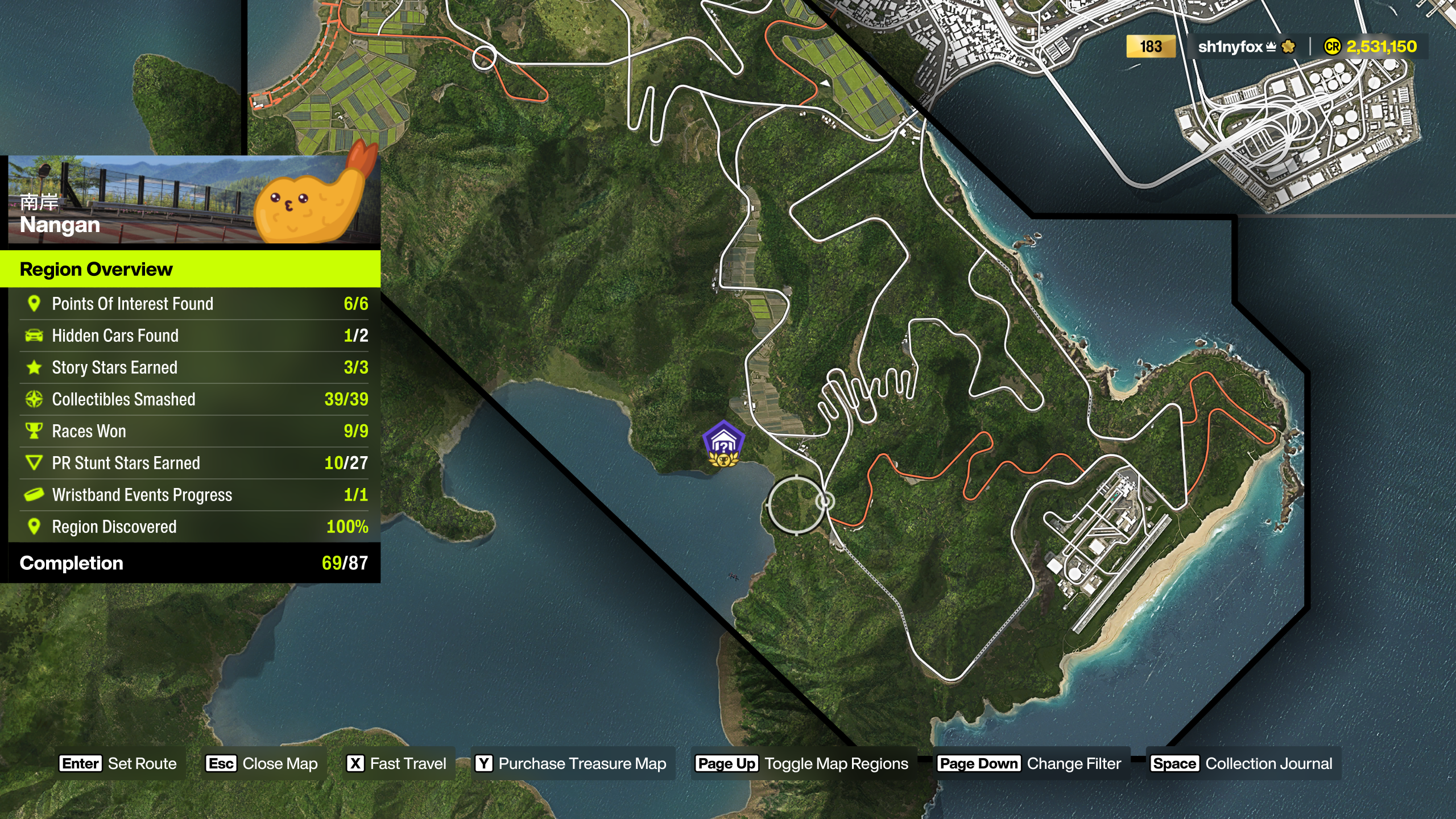 A map location for Forza Horizon 6 showing the Nangan Region Barn Find.