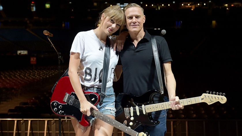 TORONTO, ON - AUGUST 04: (EDITORIAL USE ONLY. NO STANDALONE PUBLICATION USE (NO SPECIAL INTEREST OR SINGLE ARTIST PUBLICATION USE; NO BOOK USE)) Taylor Swift, Swift and Bryan Adams rehearse onstage during the Taylor Swift reputation Stadium Tour at Rogers Centre on August 4, 2018 in Toronto, Canada. (Photo by Jason Kempin/TAS18/Getty Images for TAS)