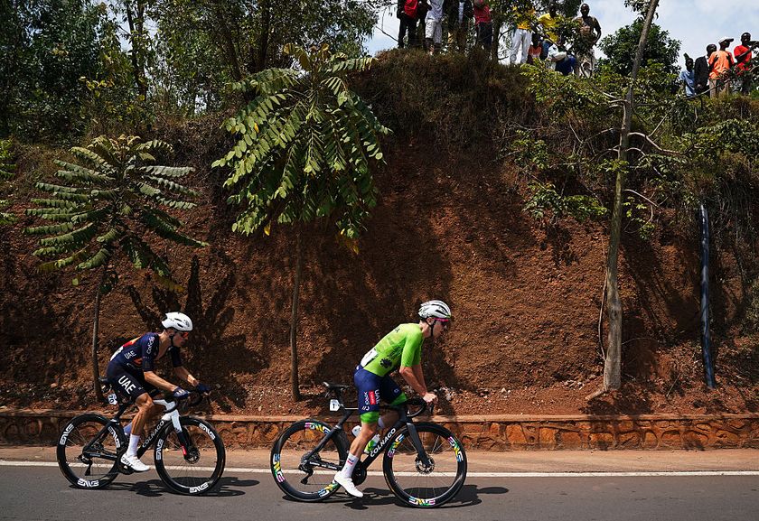 Road World Championships Elite Men&#039;s Road Race: Juan Ayuso (L) after breaking away with Tadej Pogačar 