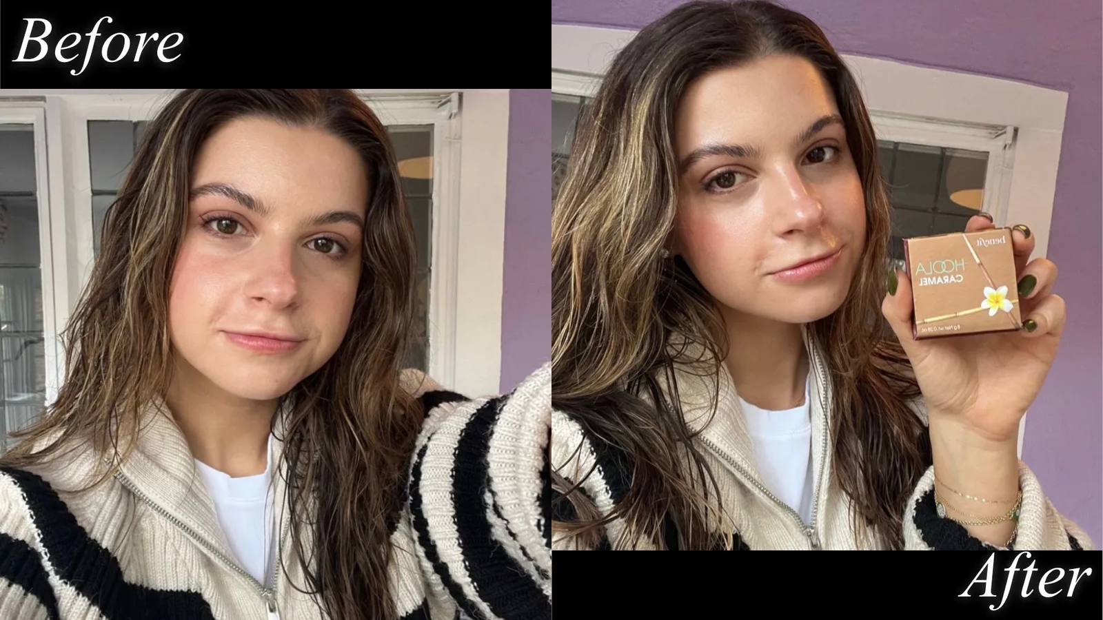 Danielle Cohen before and after applying the Benefit Hoola Bronzer with brown curly hair, and a black and white striped sweater, against a purple wall.