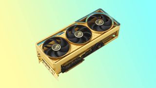 Asus ROG Astral RTX 5090 Dhabab OC Edition graphics card on a yellow and blue background