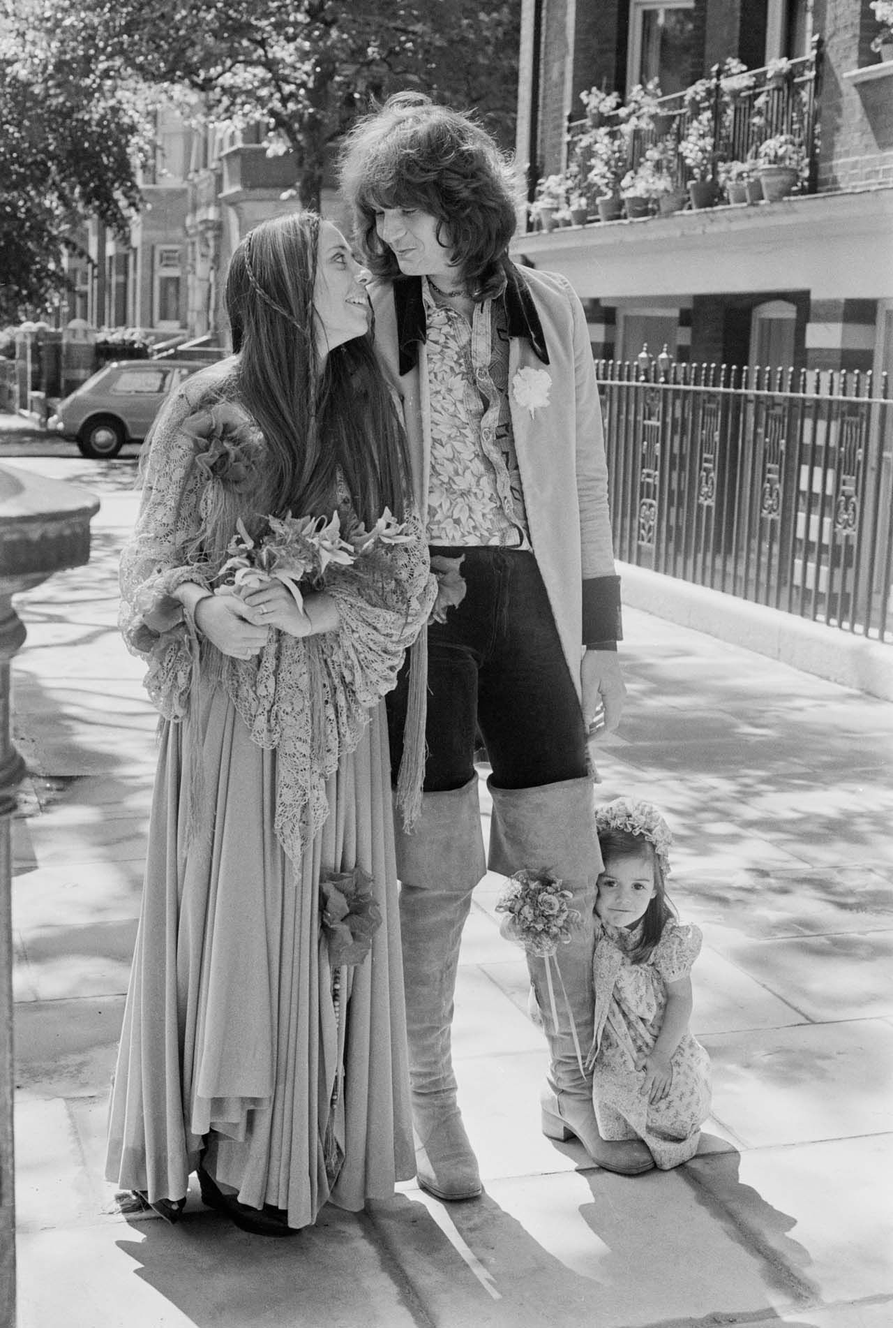 Yes bassist Chris Squire with model Nikki James at their wedding, 19th June 1972.