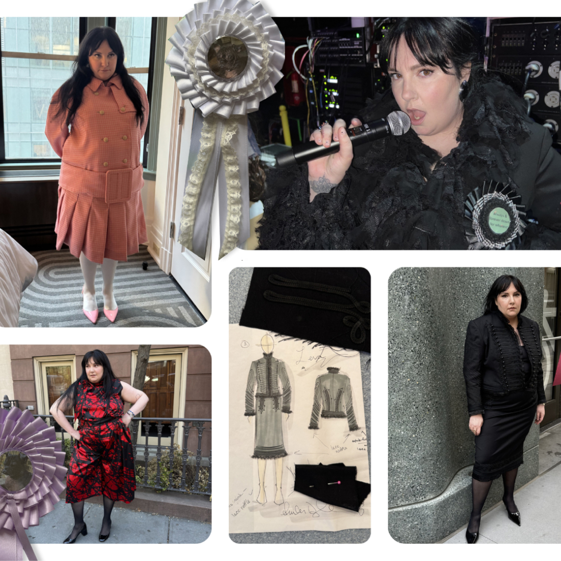 a collage of Lena Dunham's Famesick tour looks