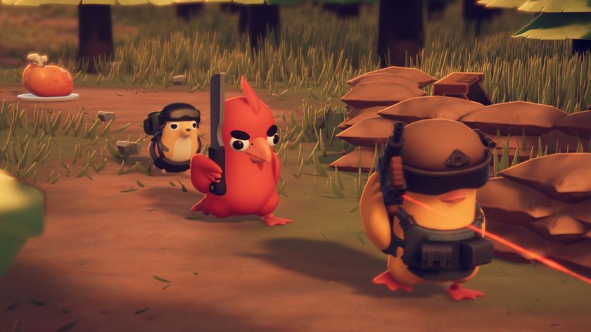 Escape From Duckov - A duck in a swat helmet runs away from a red bird with a butcher knife