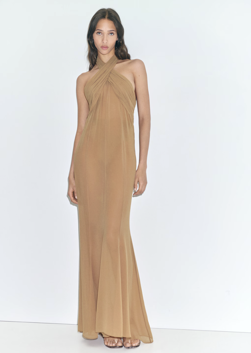 MANGO, Long Semi-Transparent Dress With Crossed Neckline