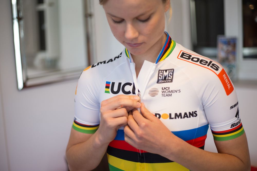 Amalie Dideriksen in her 2017 rainbow jersey